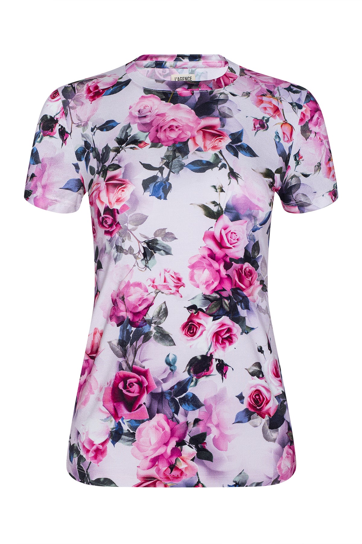 Floral patterned shirt with pink and purple flowers on a white background