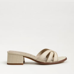 Beige sandal with a block heel on a white background