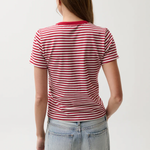 Person wearing a red and white striped shirt and light blue jeans on a plain background