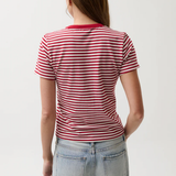 Person wearing a red and white striped shirt and light blue jeans on a plain background