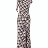 Plaid dress with a knot detail on a white background