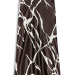 A long satin midi skirt with a brown and white abstract marble or vein-like pattern, shown flat against a white background.