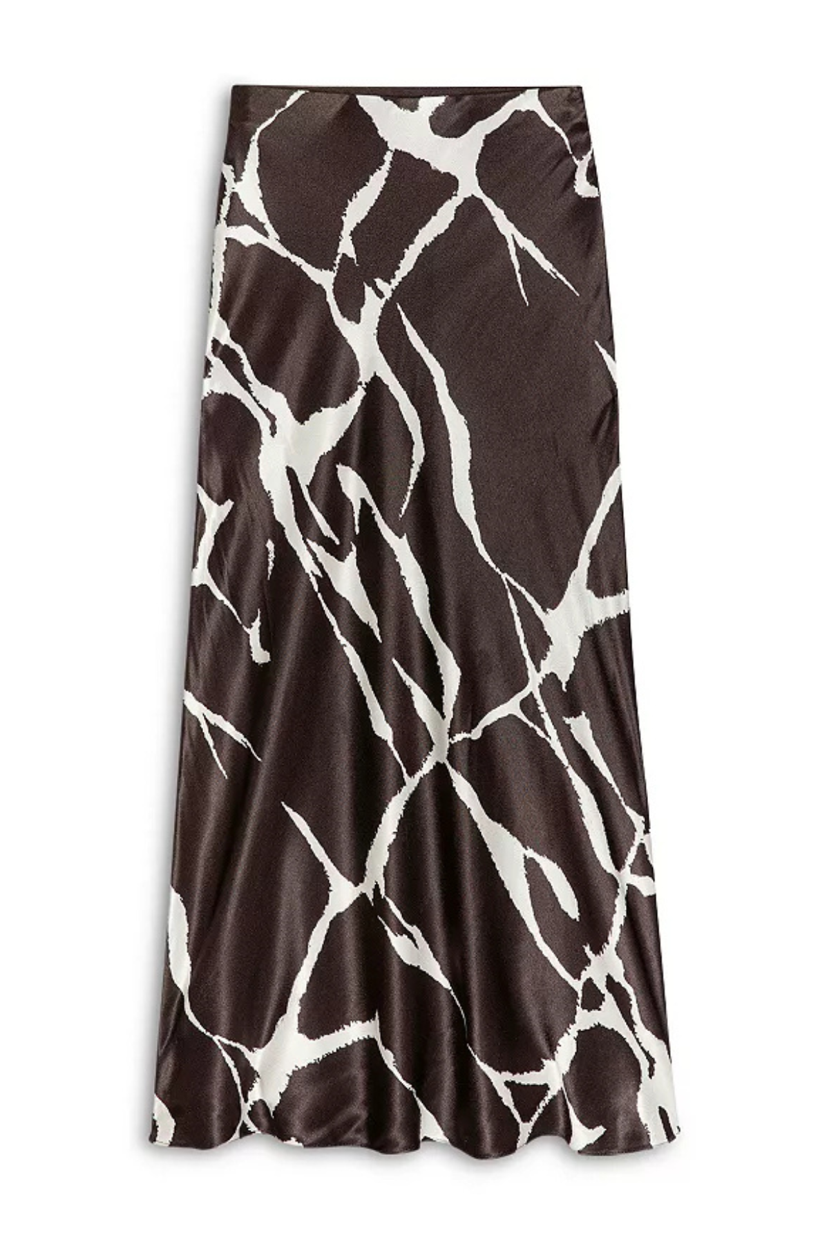A long satin midi skirt with a brown and white abstract marble or vein-like pattern, shown flat against a white background.