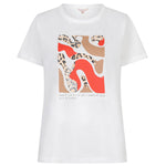 White t-shirt with a colorful graphic design on a white background