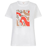 White t-shirt with a colorful graphic design on a white background