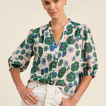 Woman wearing a floral blouse with green and blue patterns on a beige background
