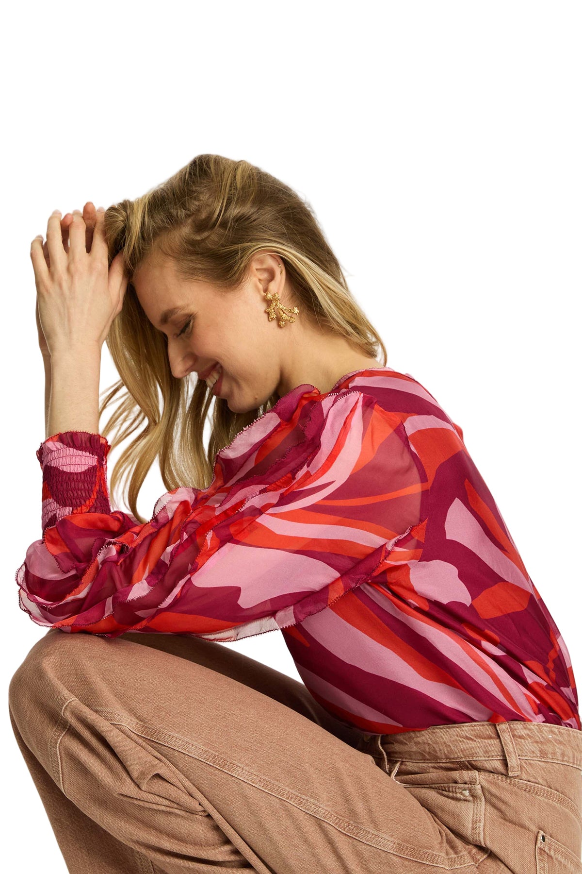 Printed blouse with fluid drape and long sleeves