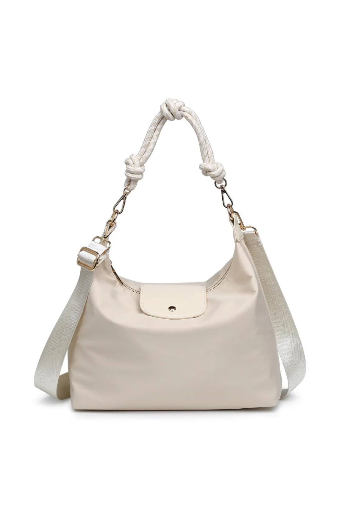 Beige handbag with a white strap on a white background