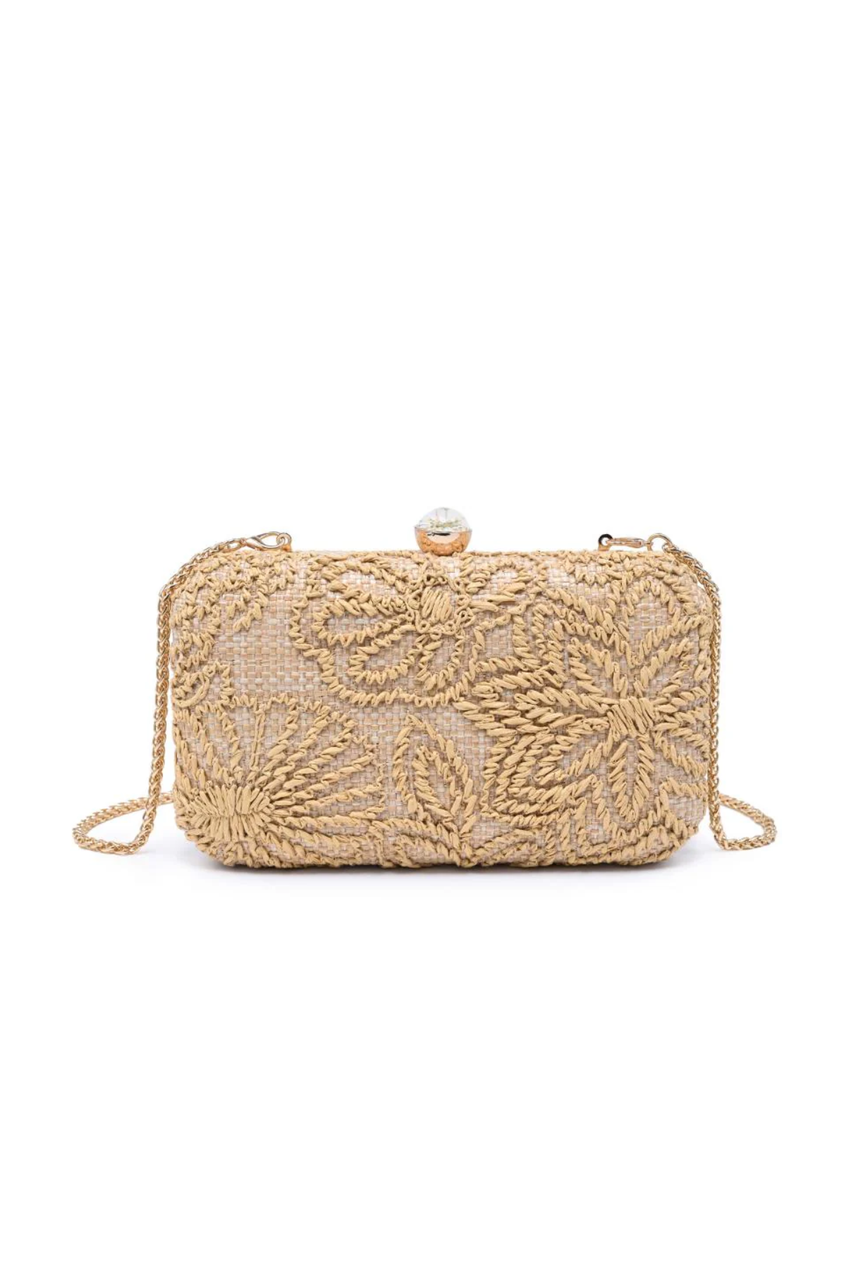Gold beaded clutch bag on a white background