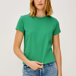 woman in green t-shirt 