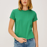 woman in green t-shirt 