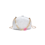 White handbag with gold chain strap on a white background