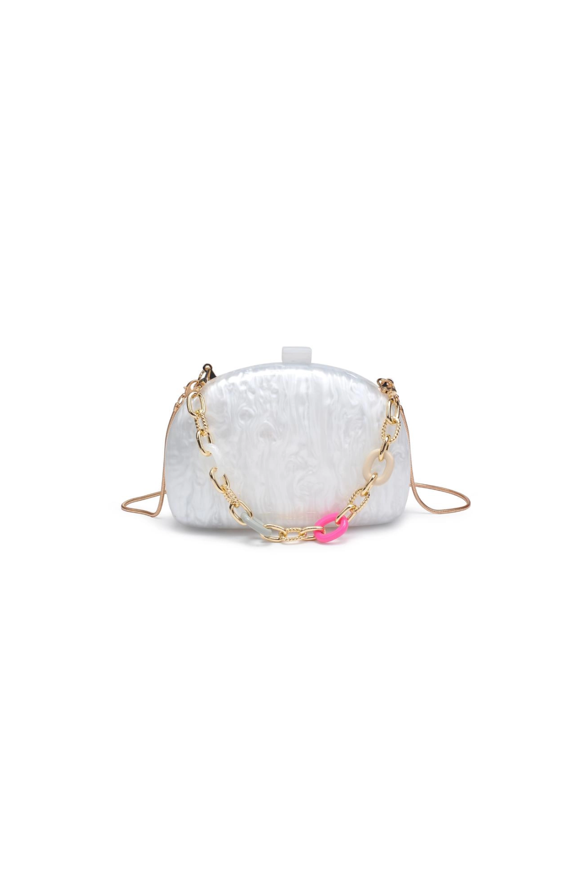 White handbag with gold chain strap on a white background