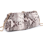 A snakeskin-patterned clutch bag with a gold-tone chain strap, displayed on a clean white background.