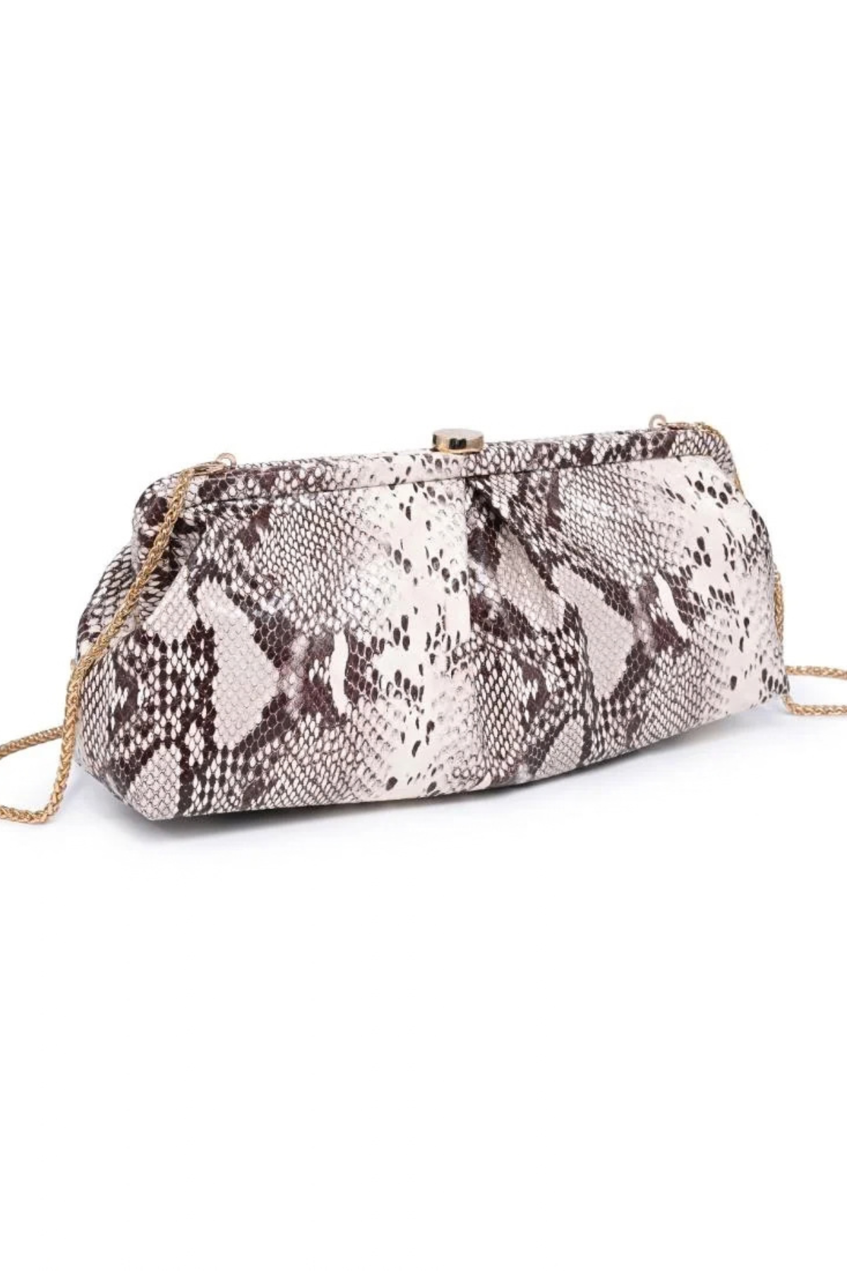 A snakeskin-patterned clutch bag with a gold-tone chain strap, displayed on a clean white background.
