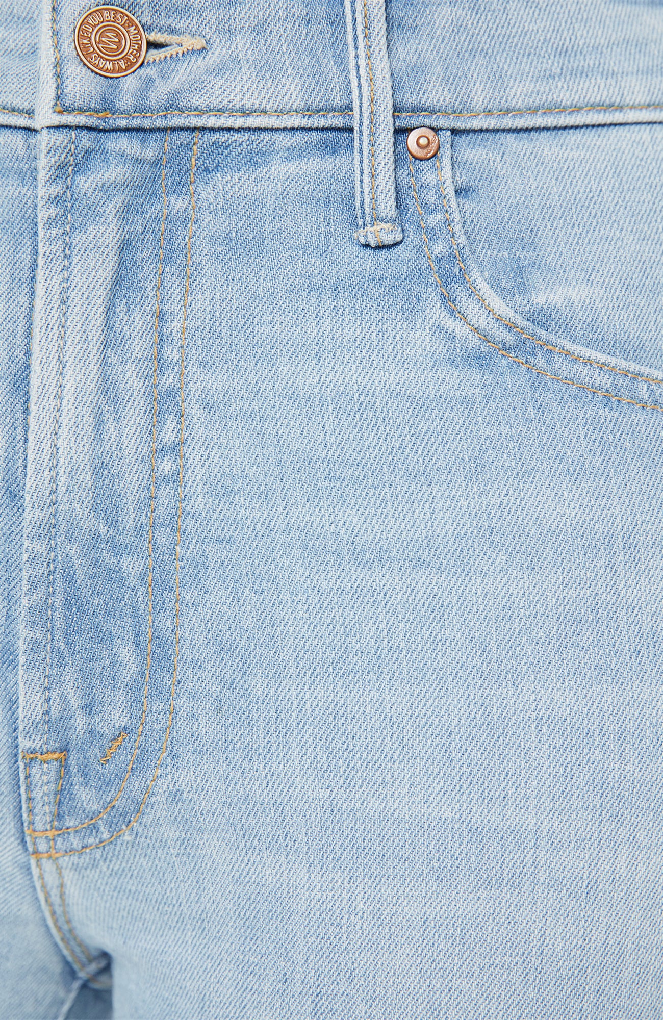 Close-up of light blue denim fabric with stitching details