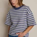 Striped long-sleeve sweatshirt styled with denim
