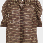 A brown sheer striped blouse with metallic gold shimmering horizontal lines, featuring a pointed collar, puff sleeves, and a button-down front.
