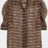 A brown sheer striped blouse with metallic gold shimmering horizontal lines, featuring a pointed collar, puff sleeves, and a button-down front.