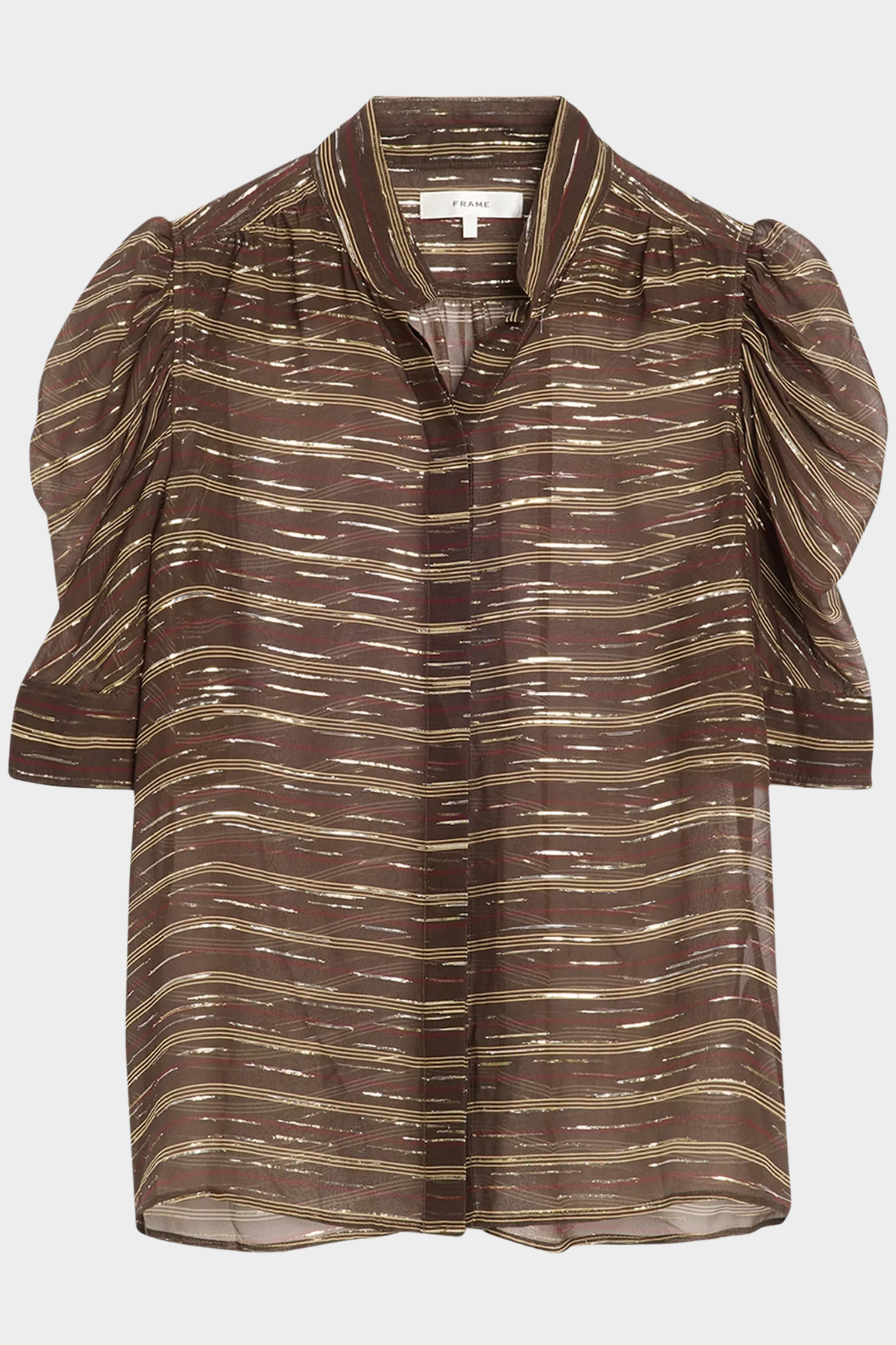 A brown sheer striped blouse with metallic gold shimmering horizontal lines, featuring a pointed collar, puff sleeves, and a button-down front.