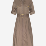 A taupe-brown short-sleeve shirt dress with a front zipper, collar, chest flap pockets, and a matching waist belt with a gold buckle, shown on a light gray background.