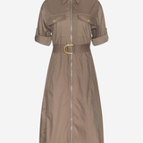 A taupe-brown short-sleeve shirt dress with a front zipper, collar, chest flap pockets, and a matching waist belt with a gold buckle, shown on a light gray background.