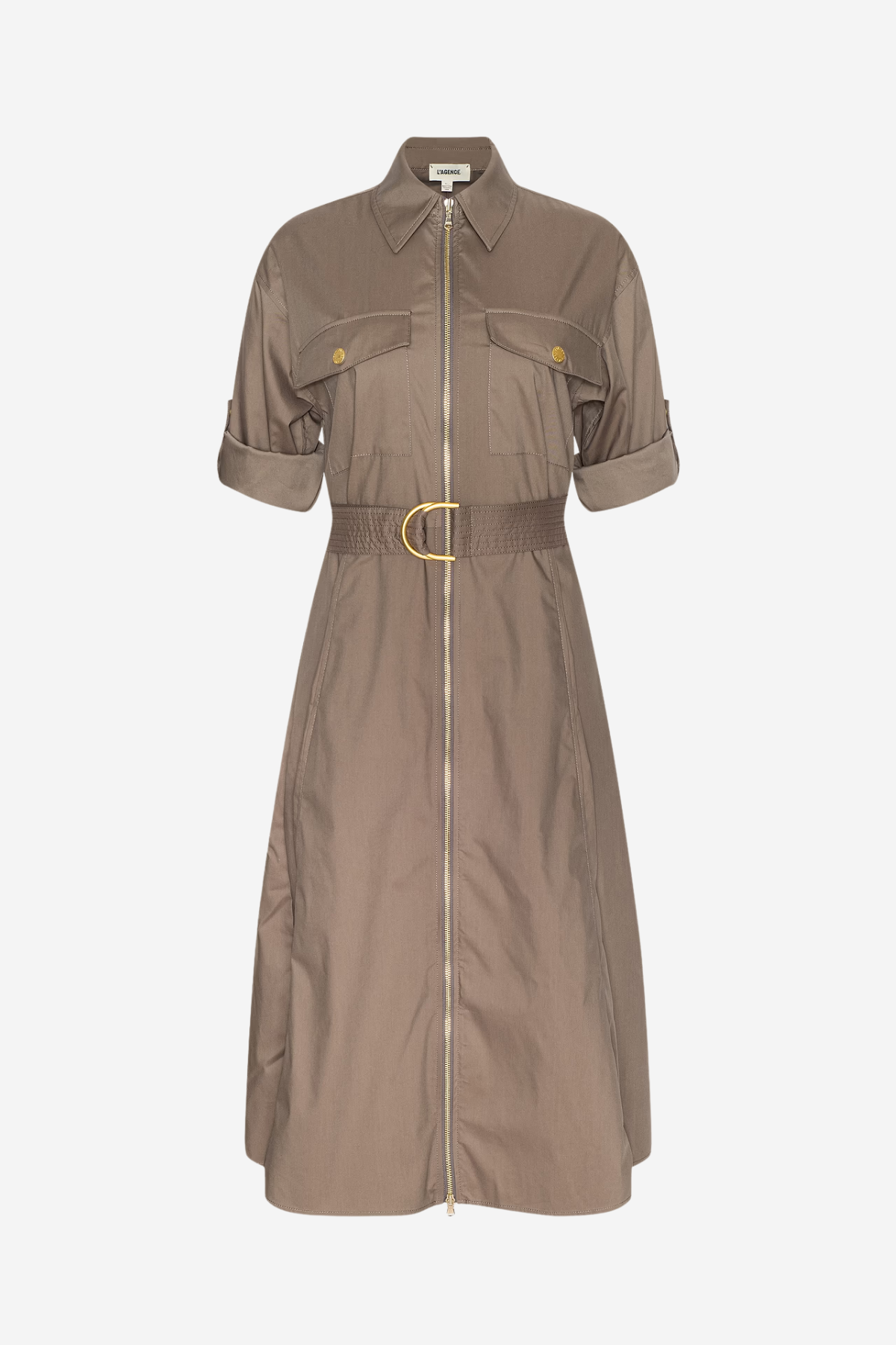 A taupe-brown short-sleeve shirt dress with a front zipper, collar, chest flap pockets, and a matching waist belt with a gold buckle, shown on a light gray background.