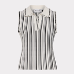 Black and white striped sleeveless shirt with a collar on a white background