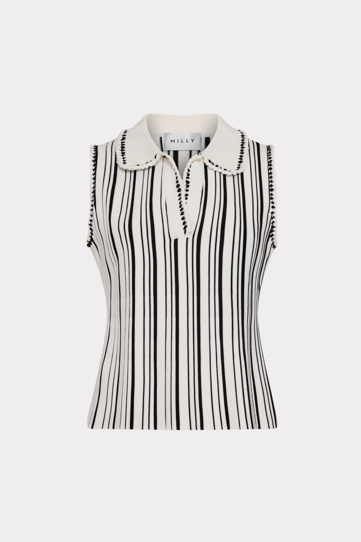 Black and white striped sleeveless shirt with a collar on a white background