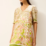 Woman wearing a floral dress with a white background