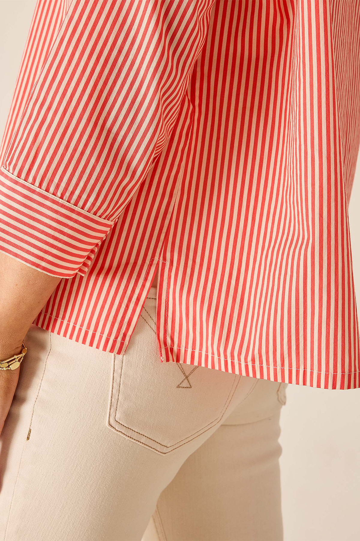 close up on woman in striped shirt 