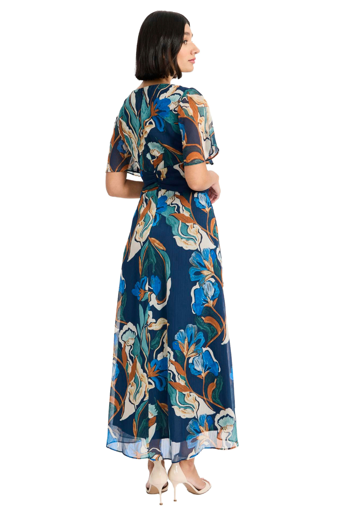 Model wearing a blue printed short-sleeve midi dress featuring a flattering waist and flowing skirt.