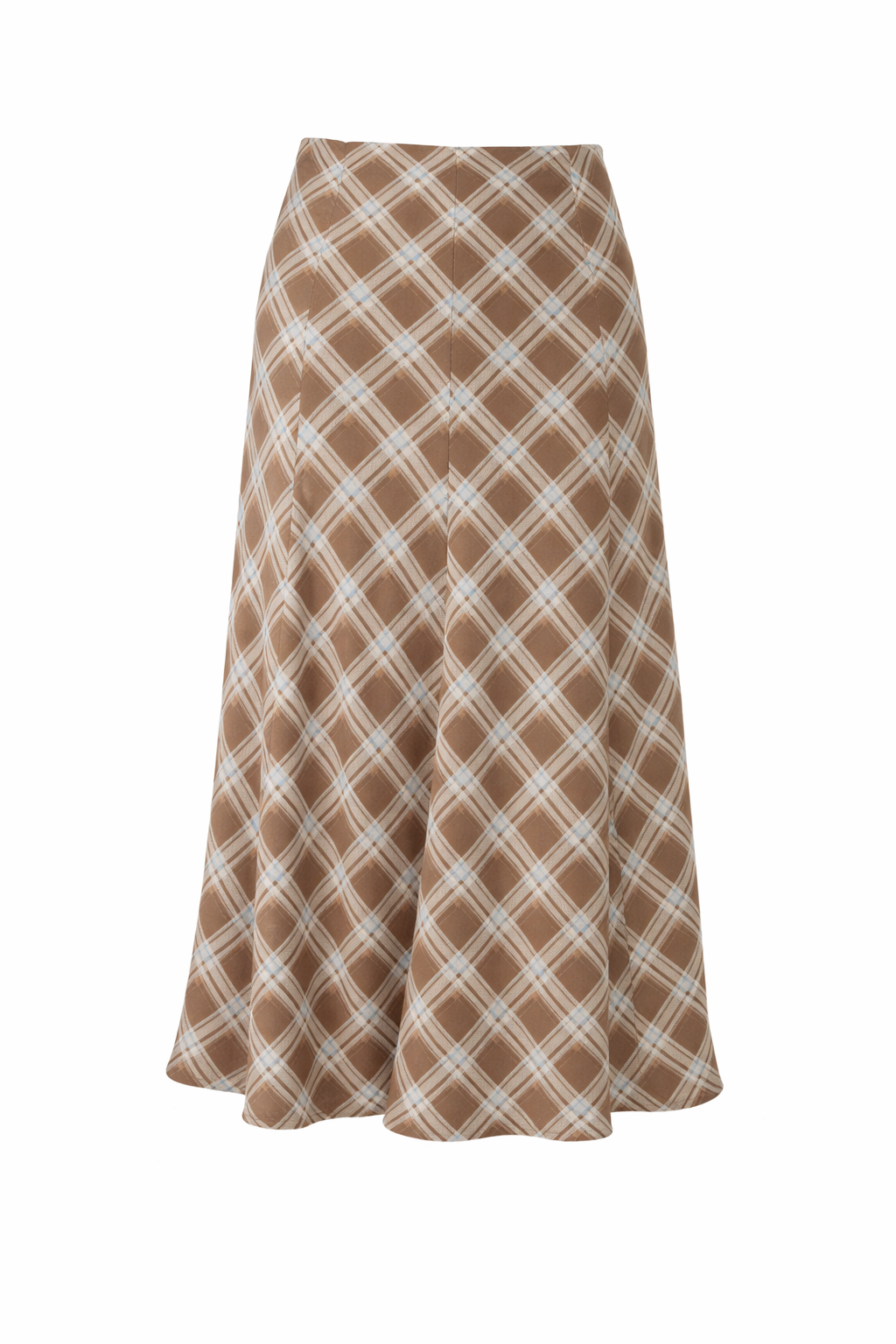 Plaid skirt with brown and beige pattern on a white background