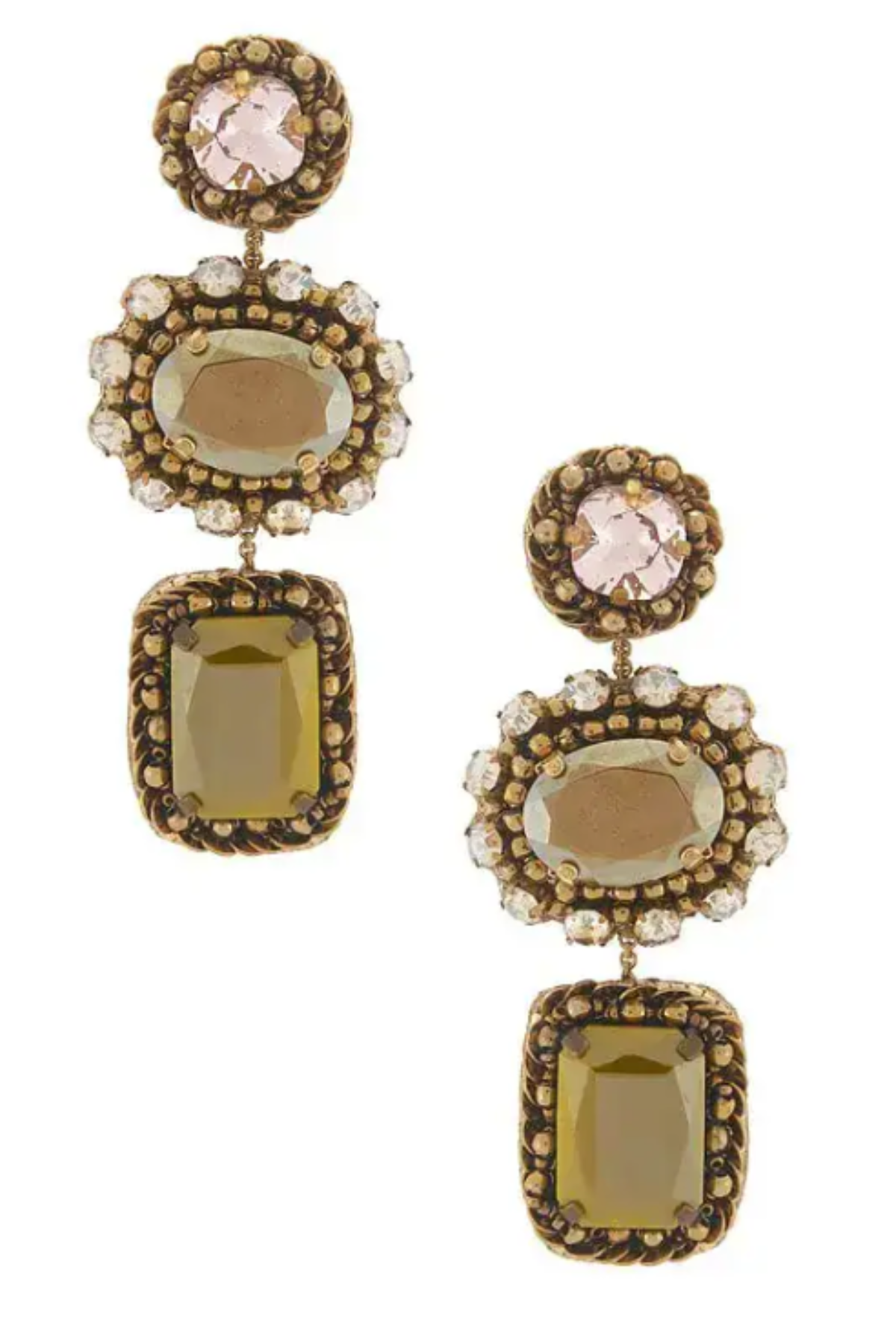 A pair of drop earrings with antique gold-toned metalwork, featuring a round pale pink stone at the top, a rectangular clear crystal halo in the middle, and a larger rectangular olive-green faceted stone at the bottom, shown on a plain white background.