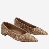 A pair of women's pointed-toe flats with a textured snakeskin pattern in shades of brown and beige, shown against a plain light gray background.