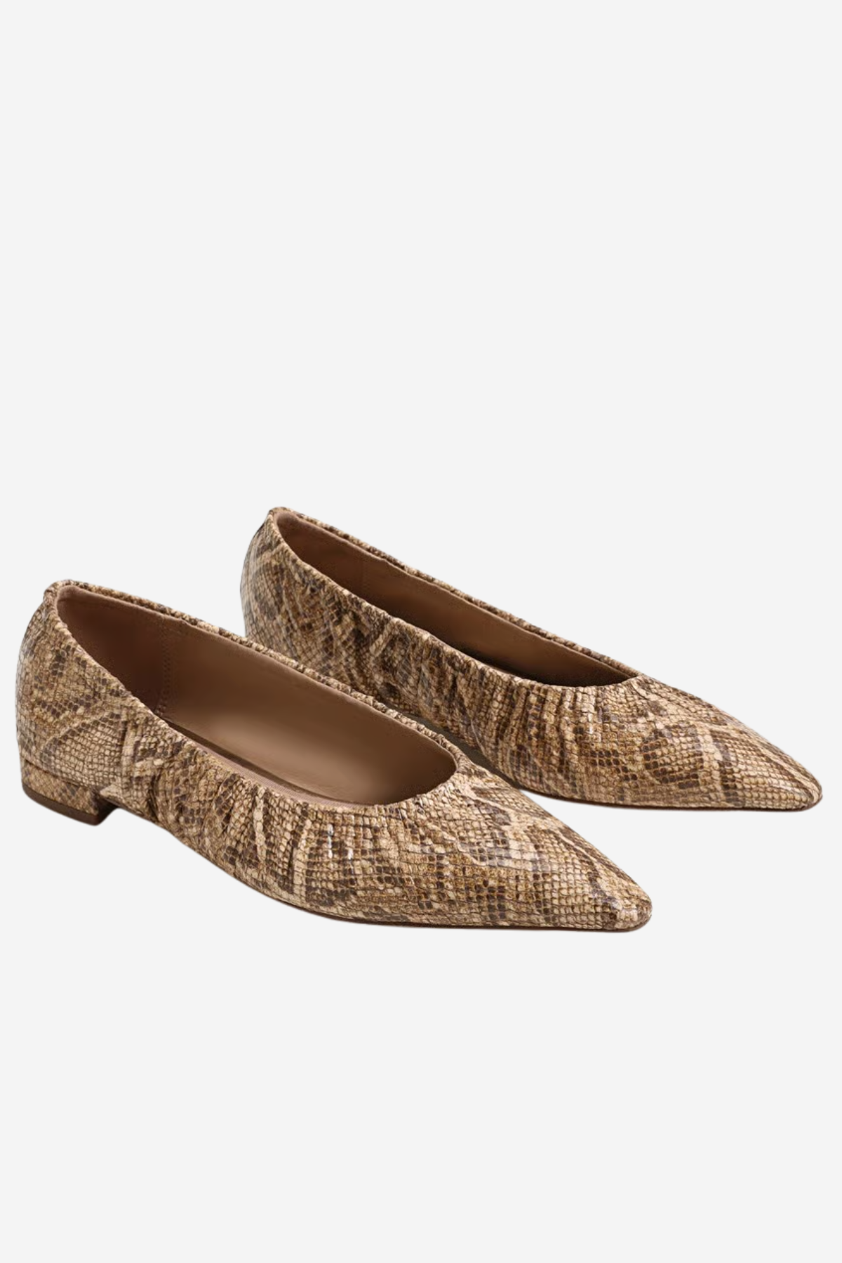 A pair of women's pointed-toe flats with a textured snakeskin pattern in shades of brown and beige, shown against a plain light gray background.