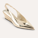 Gold metallic slingback shoe on a white background