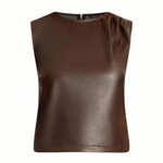A sleeveless brown faux-leather top with a crew neckline and a small gold zipper at the back, shown against a plain white background.