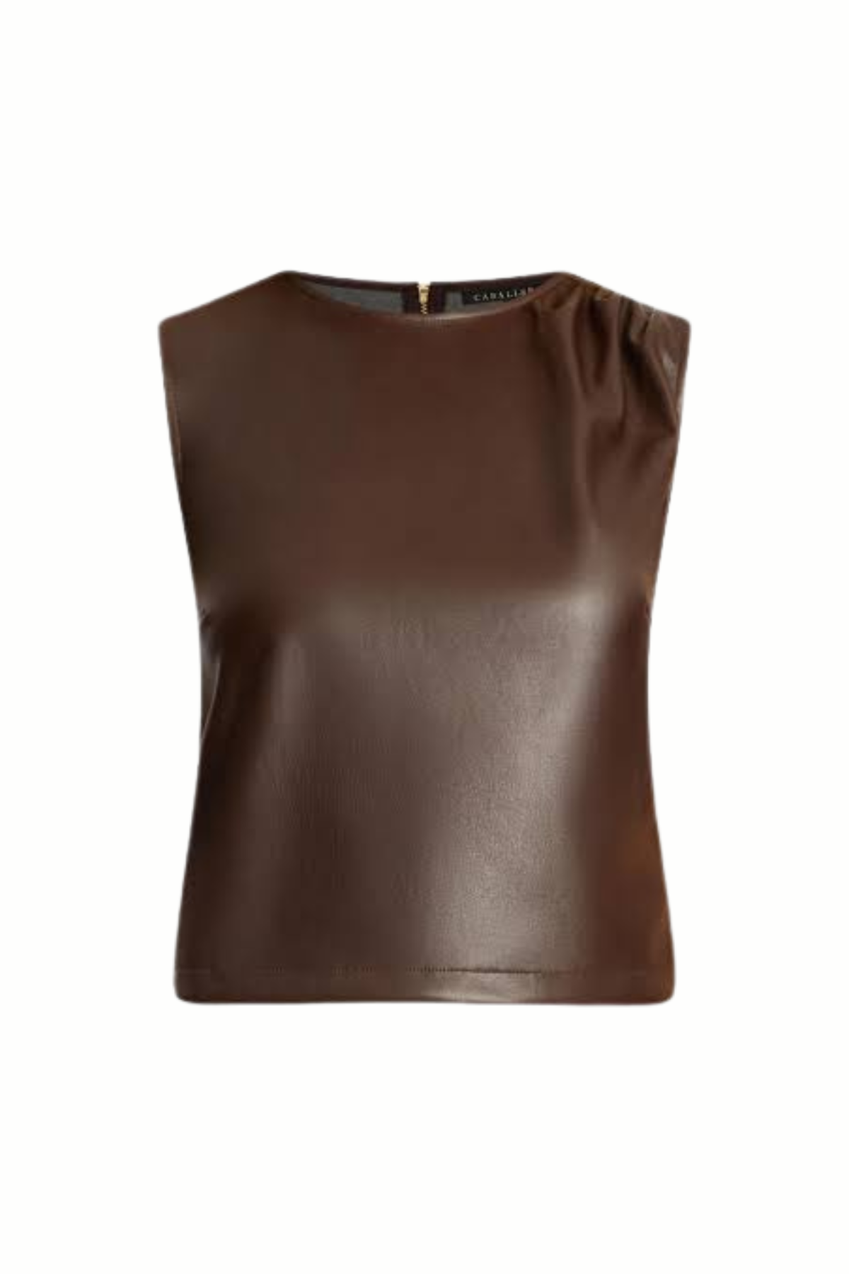 A sleeveless brown faux-leather top with a crew neckline and a small gold zipper at the back, shown against a plain white background.