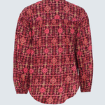 A long-sleeve button-up shirt with a red, pink, and gold geometric pattern, shown from the back against a light gray background.