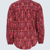 A long-sleeve button-up shirt with a red, pink, and gold geometric pattern, shown from the back against a light gray background.