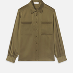 Olive green utility button-front shirt with chest pockets and long sleeves on white background.