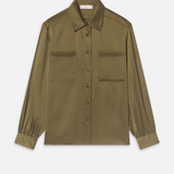 Olive green utility button-front shirt with chest pockets and long sleeves on white background.