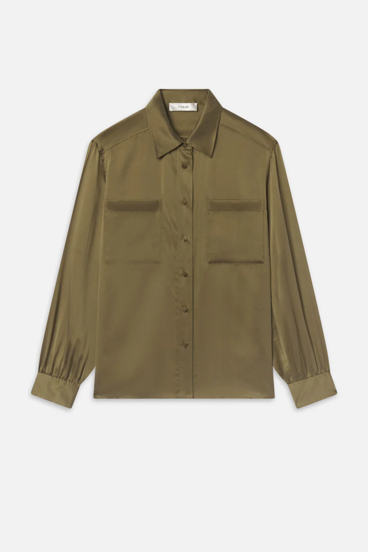 Olive green utility button-front shirt with chest pockets and long sleeves on white background.
