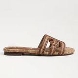 Brown sandal with woven design on a white background