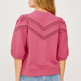 Pink blouse with lace details on a plain background