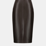 A dark brown leather pencil skirt with a front center seam, displayed on a clean light gray background.
