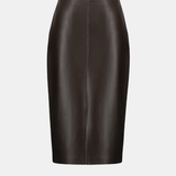 A dark brown leather pencil skirt with a front center seam, displayed on a clean light gray background.