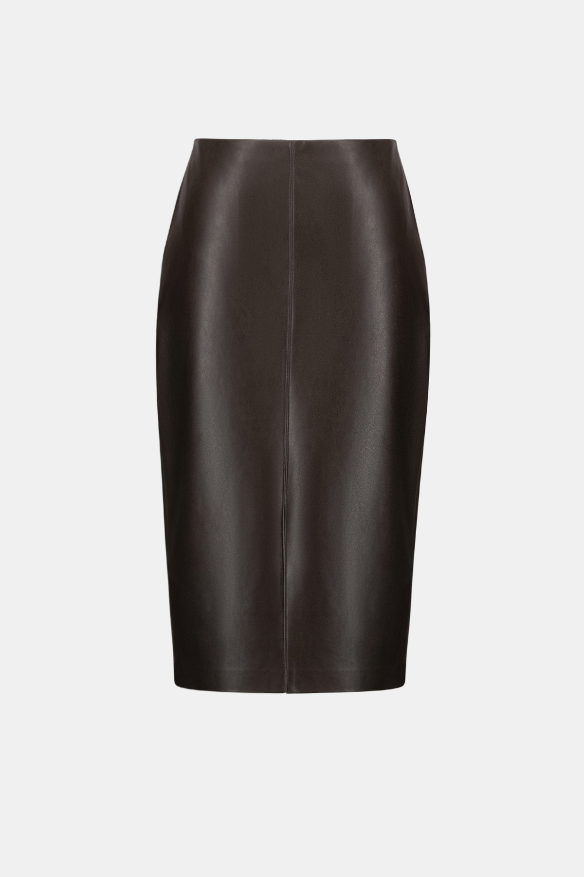 A dark brown leather pencil skirt with a front center seam, displayed on a clean light gray background.