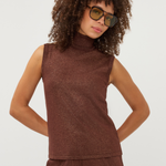 Women's brown sleeveless sweater featuring a subtle metallic lurex finish and streamlined silhouette.